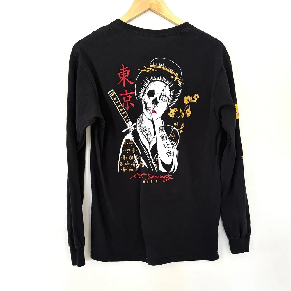 Riot Society Japan Skull Geisha Streetwear Long Sleeve T Shirt Black Mens Size M